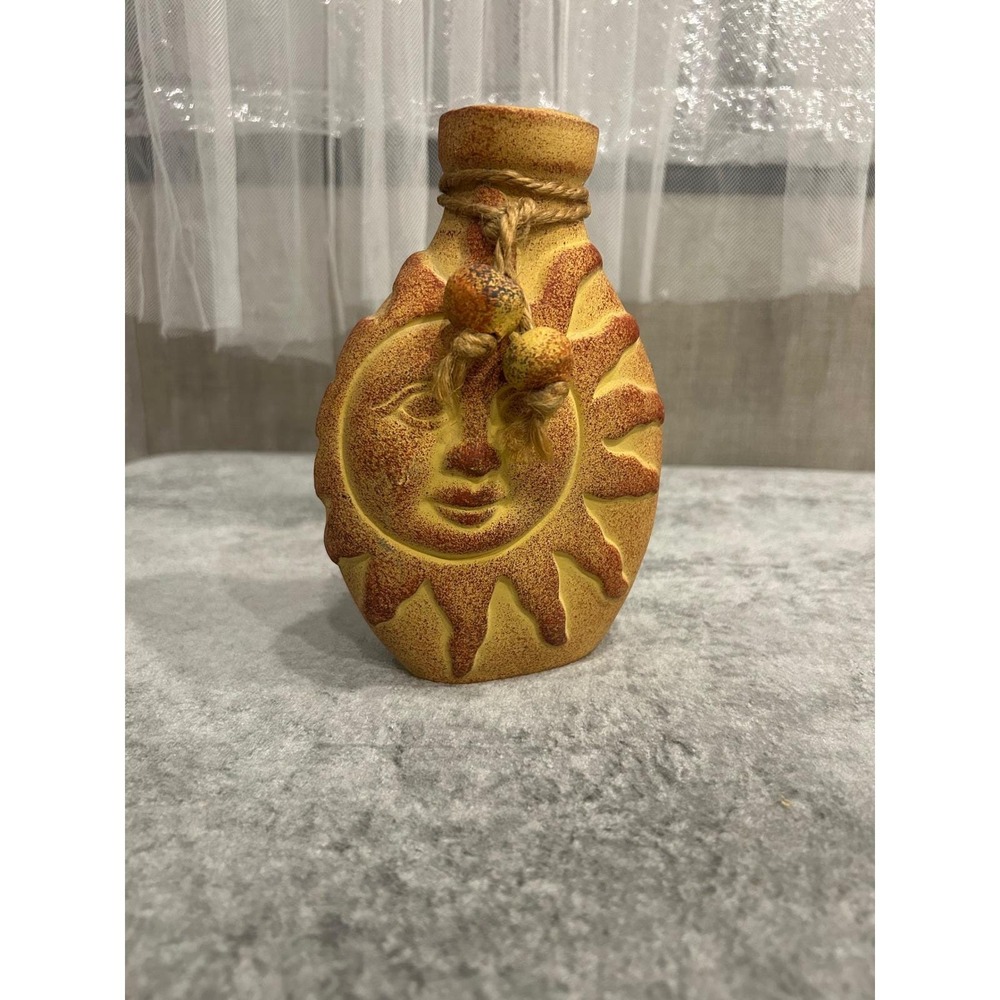 Vintage Sun Face Ceramic Bud Vase Yellow Terracotta Celestial Pottery Boho GM2